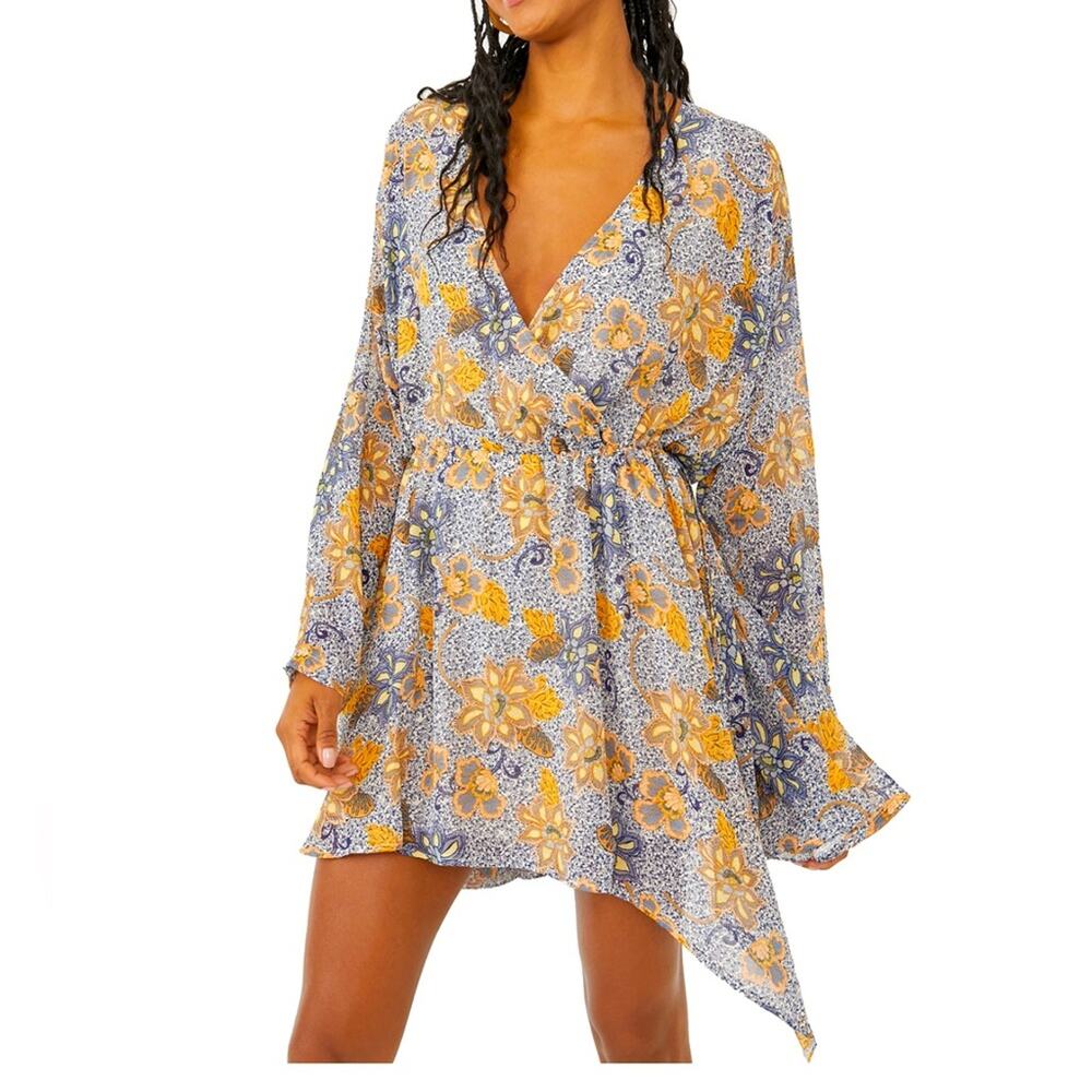 NEW Free People Dress Teegan Mini Faux Wrap Top Long Sleeve Floral V-Neck Small